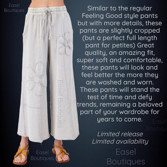 EASEL “Flower Path” Mineral Washed Pants Wide Leg Cozy Relax Fit Raw Seams, Hems - Picture 8 of 14